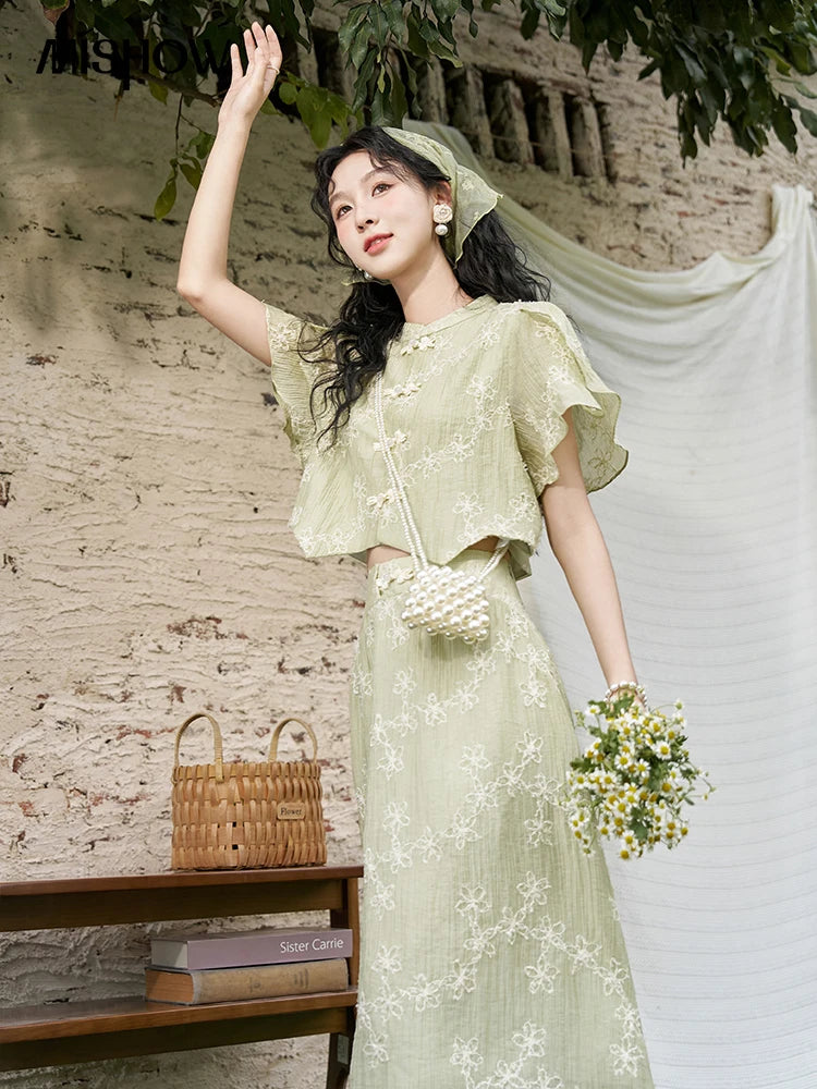 MISHOW Chinese Green Stand Collar Lotus Leaf Overlapping Sleeve Top Hem Stringy Selvedge Skirt Separately 2024 Summer MXD22X1388