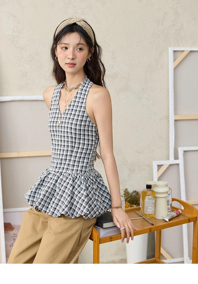 MISHOW Black Hanging Neck Plaid Blouse Backless V-Neck MXE35X1822