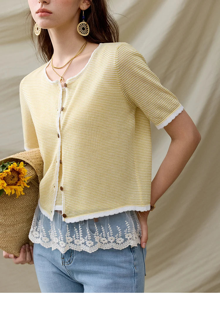 MISHOW Summer Camisole Cardigan Sets for Women 2025 Short Sleeve Round Neck Hem Lace Knitted Tops Female Fashion MXE33T0582