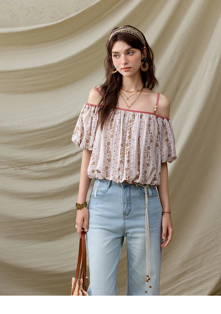 MISHOW French Summer Blouses Women New 2025 One-shoulder Floral Short Sleeve Contrast Color Shirts Woman Fashion MXE31X1767