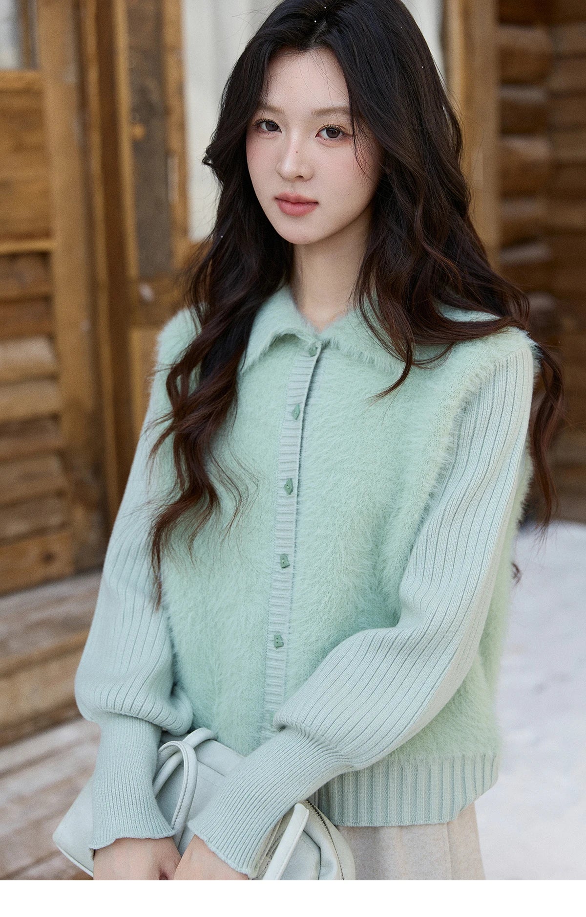 MISHOW Women's Green Faux Mink Fur Patchwork Knitted Cardigan Winter Lapel Warm Soft Knit Top single-breasted sweater MXE86Z2764