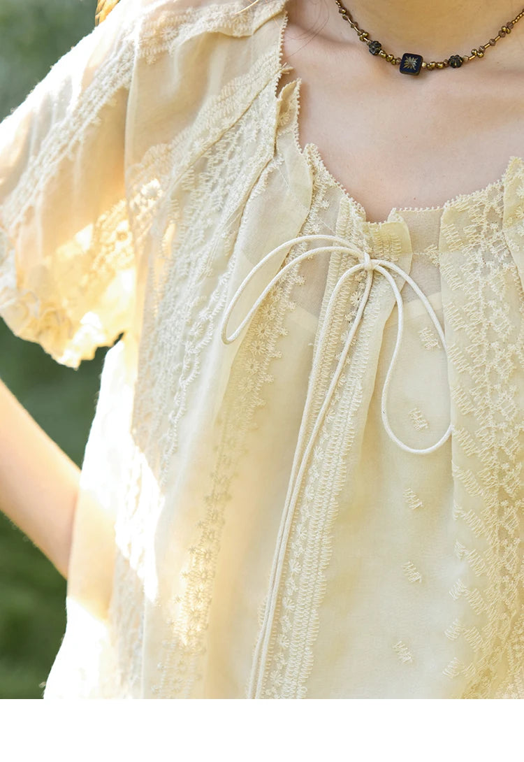 MISHOW Women's Embroidery Jacquard Blouse 2025 Summer New Fashion O-Neck Lace Up Short Sleeve Blouse Female Clothing MXE37X1861