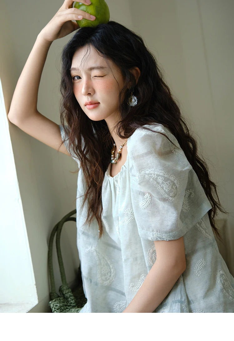 MISHOW O-Neck Blouse for Women 2025 Summer New Fashion Print Embroidery Puff Sleeve Loose Casual Top Ladies Clothing MXE34X1807