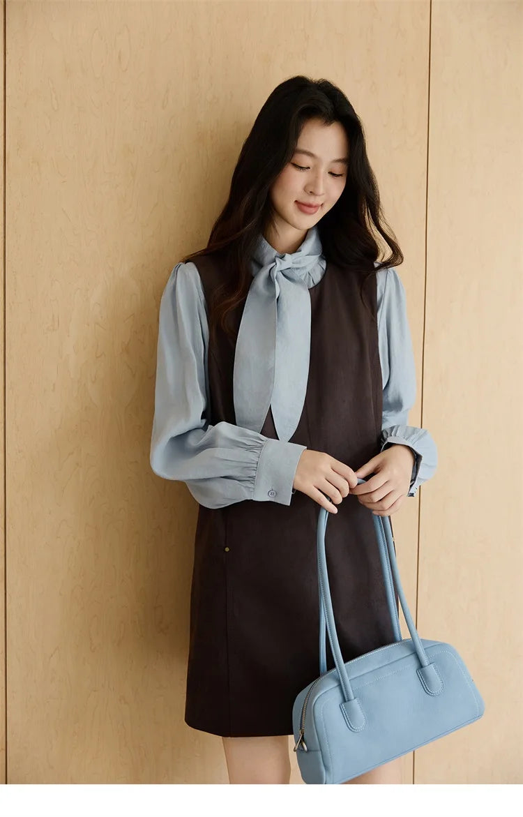 MISHOW Woman Two-piece Set 2025 Autumn College Style Light Blue Shirt Dark Brown Vest Skirt Suit Woman Clothes MXE47T1408