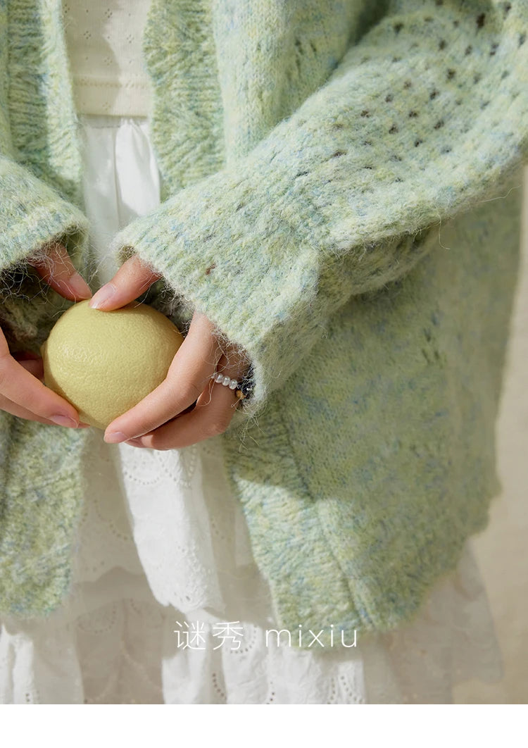MISHOW Green Knitted Cardigan for Women Spring 2025 Loose Hollow Out Wave Neck Commuting Slim Open Stitch Cardigan MXE12Z1212