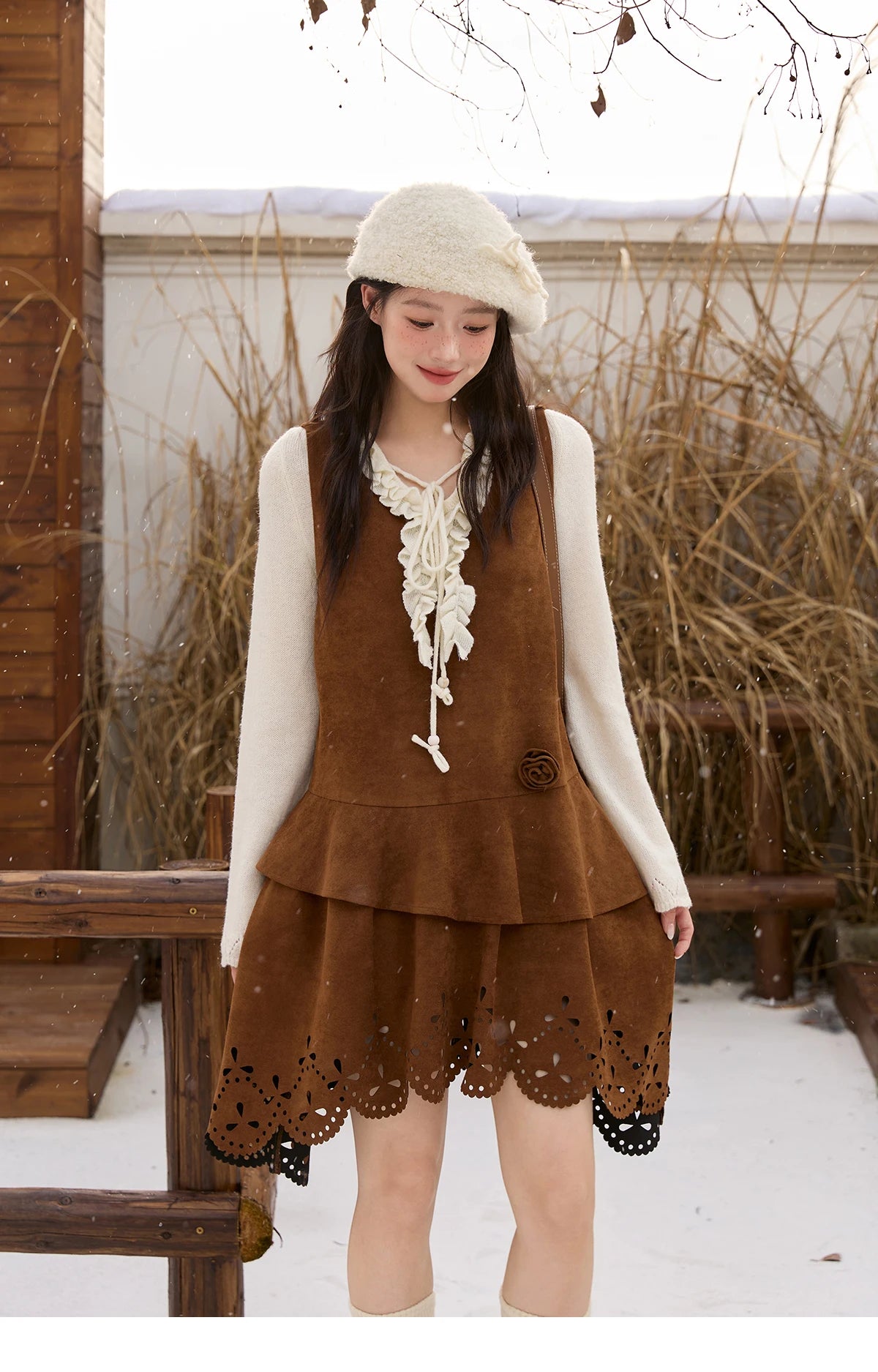 MISHOW Women's Elegant Brown Retro Suede Vest Dress 2025 Autumn Winter Hollow Out V-Neck Tank Dress Sleeveless Dress MXE51L2524