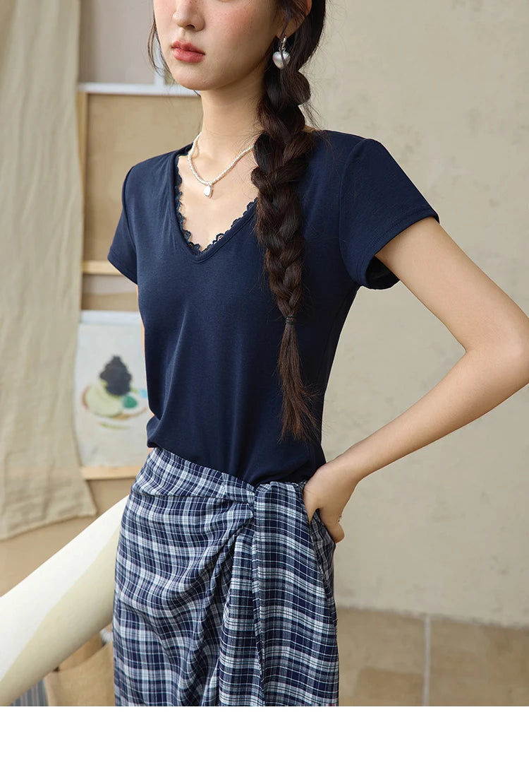 MISHOW Women's Short Sleeve T-shirt 2025 Summer Office Lady Fashion V-neck Spliced Lace Casual Tee Female Clothing MXE36T0644