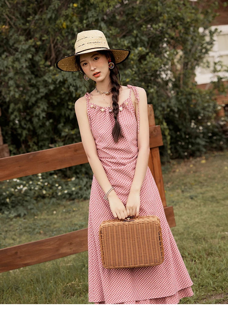 MISHOW Red Plaid Summer Camisole Dress Women New 2025 Sleeveless Elastic Waist Retro Dresses Woman Sweat Fashion MXE32L2198