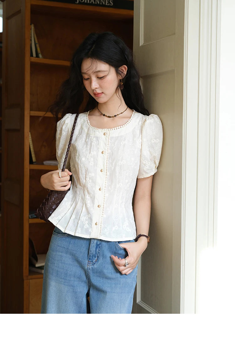 MISHOW Embroidery Cotton Shirt for Women 2025 Summer Fashion French Style Puff Sleeve Button Shirt Women's Clothing MXE39X1979