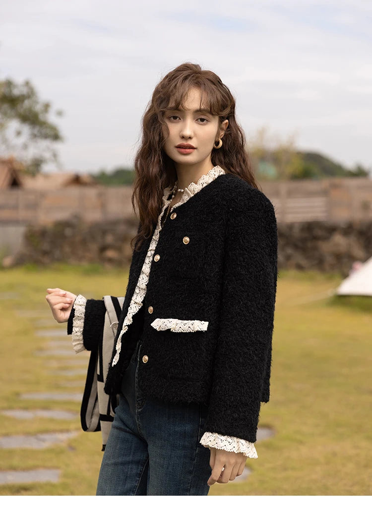 MISHOW Wool Coat for Women Winter Korean Retro Lace Splicing Lamb Wool Button Pockets Thickened Warm Female Coat MXB43W0720