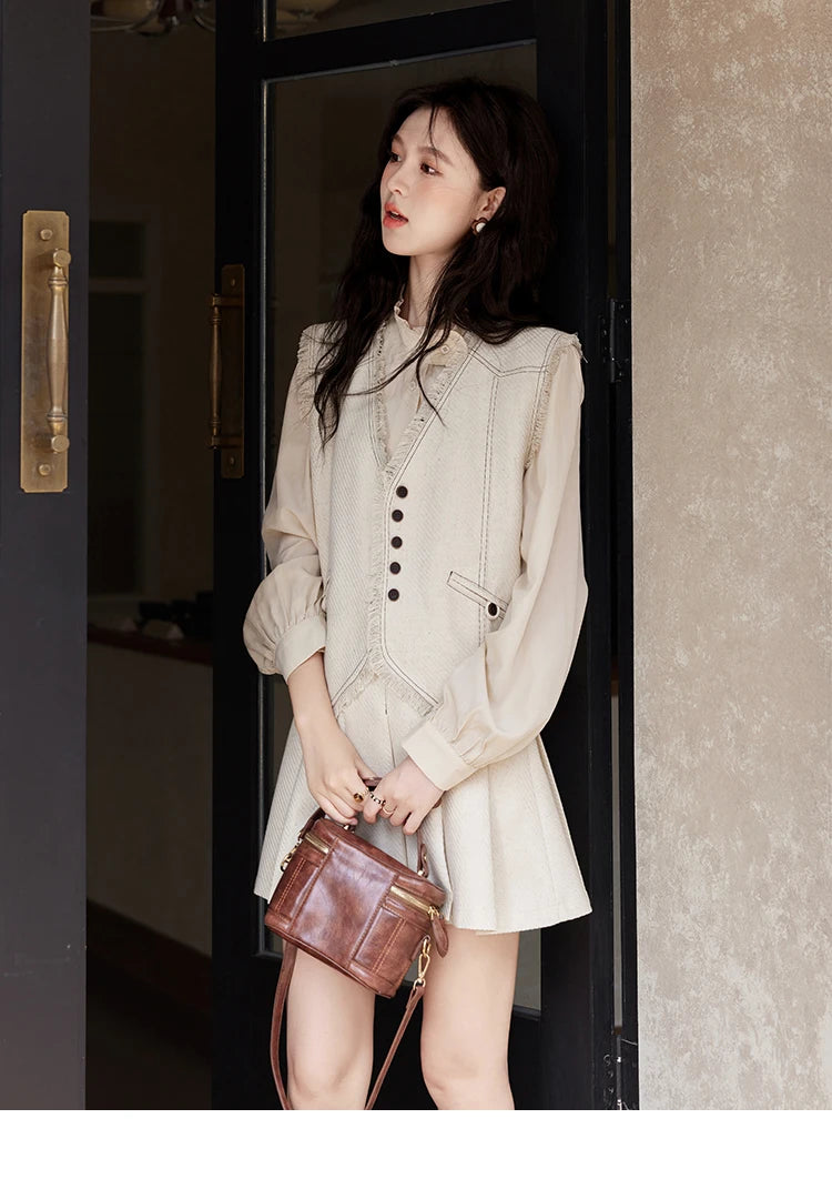 Mishow French Apricot Stand Collar Shirt & Pleated Mini Skirt Set MXD48C0365