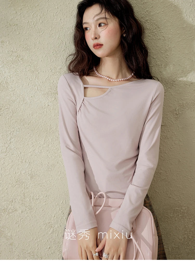 MISHOW Women's Knitted Long Sleeved T-shirt 2025 Spring Outfit Irregular Hollow Neck Tees Slim Solid Color Casual Top MXE13Z1116