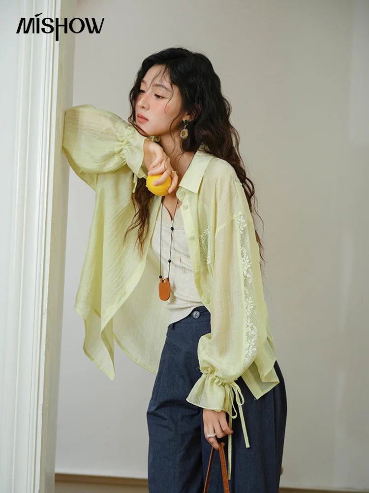 MISHOW Blend Patchwork Lace Cool Shirt Female Autumn 2025 Korean Loose Lapel Drop Sleeve Shirts Drawstring Cuffs Top MXE31C0789