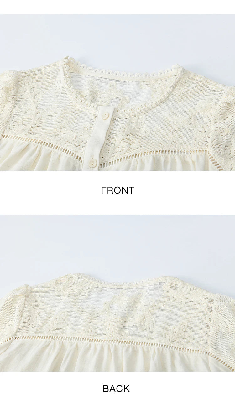 MISHOW Women's Beige Hollow Out Embroidery Shirt Autumn French Elegant Long Sleeve O-Neck Shirts Retro Commute Tops MXE44X2498