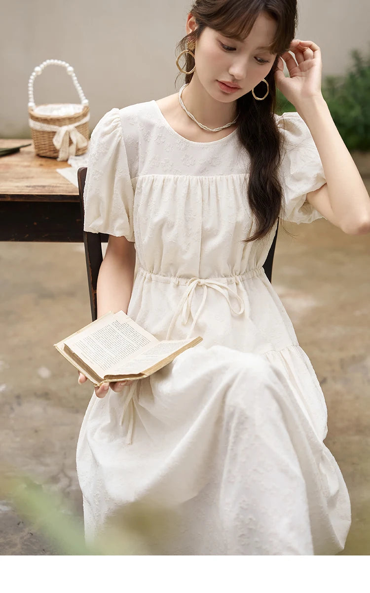 MISHOW French Draw String Waist Dress 2023 Summer Short Sleeve A-LINE Puff Sleeve O-Neck Pullover Elegant Solid Dress MXC38L1415