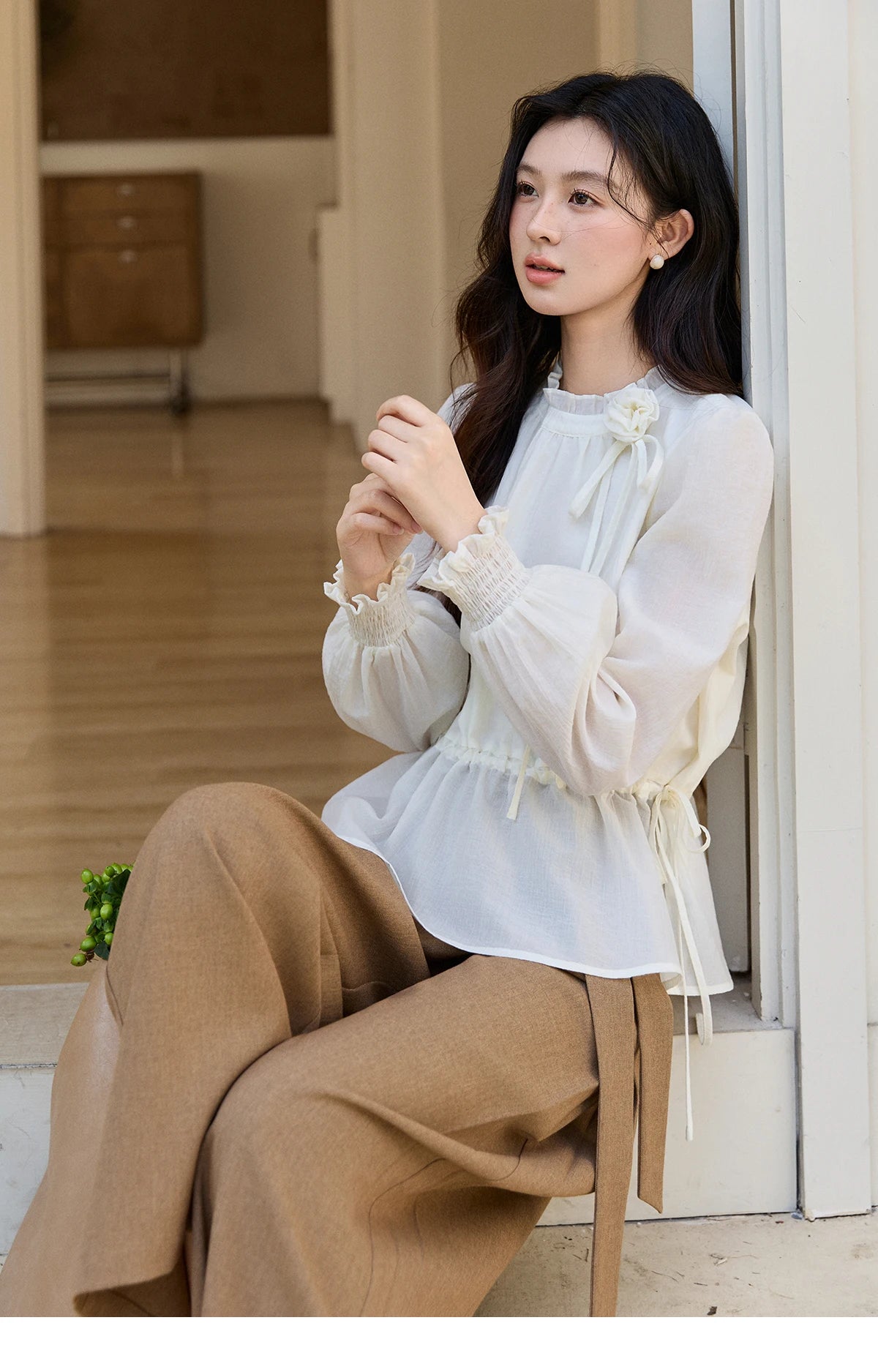 MISHOW Women's Ruffled Stand Collar Blouse 2026 Spring Flower Decor Apricot Blouses Drawstring Waist Puff Sleeve Top MXF11C2428