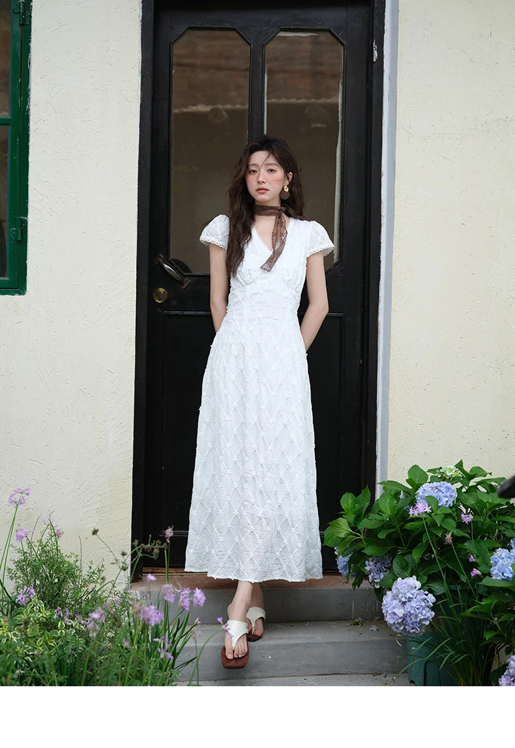 MISHOW Women's V-neck Lace Spliced Dress 2025 Summer New Embroidery Vacation French Style Jacquard Mid-Length Dresses MXE38L2378