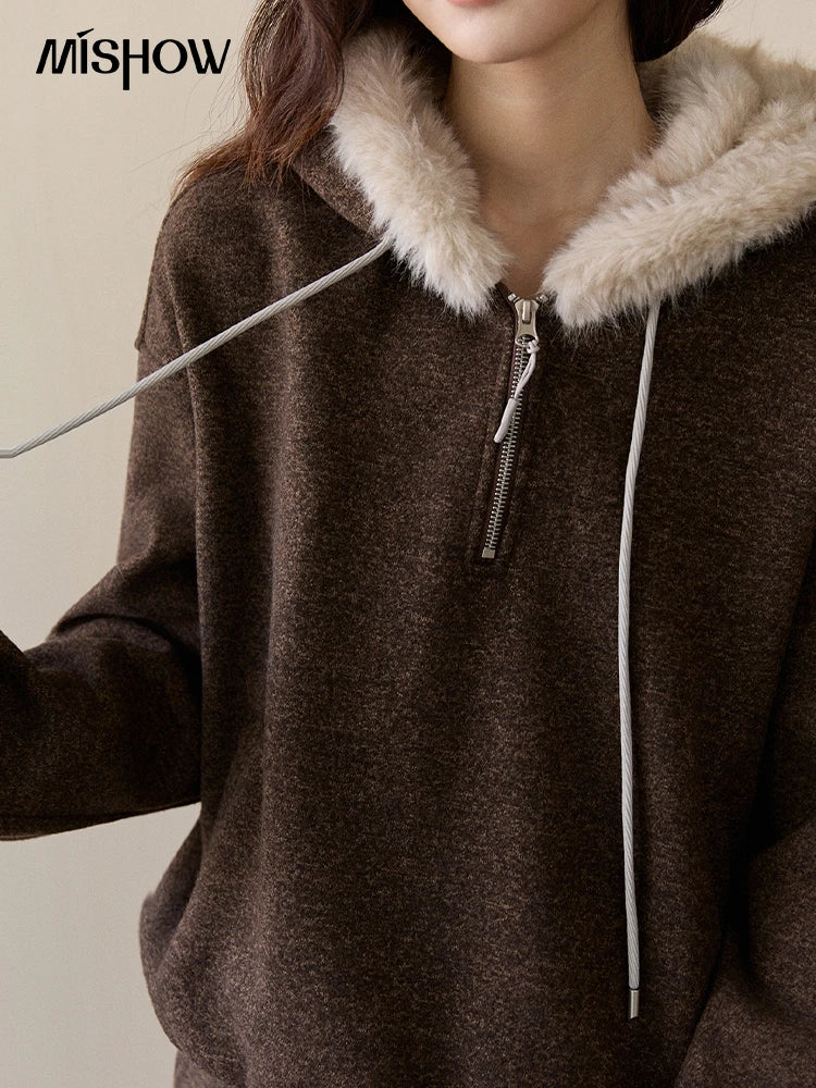 MISHOW Women's Brown Two-Piece Set 2025 Winter Faux Fur Hood Sweatshirt Elastic Waist Wide-Leg Pants Warm Casual Sets MXE94T1476