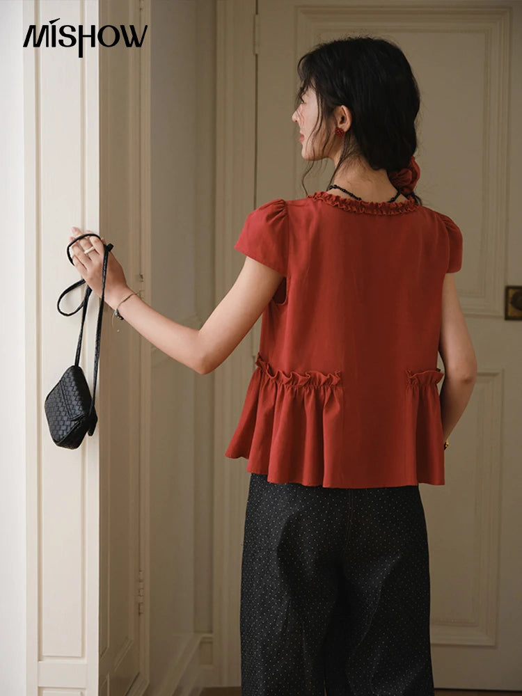 MISHOW Women's Summer Clothes 2025 Fashion Mushroom Edge V-neck Blouse Office Lady Casual Short Sleeve Button Top MXE38X1867