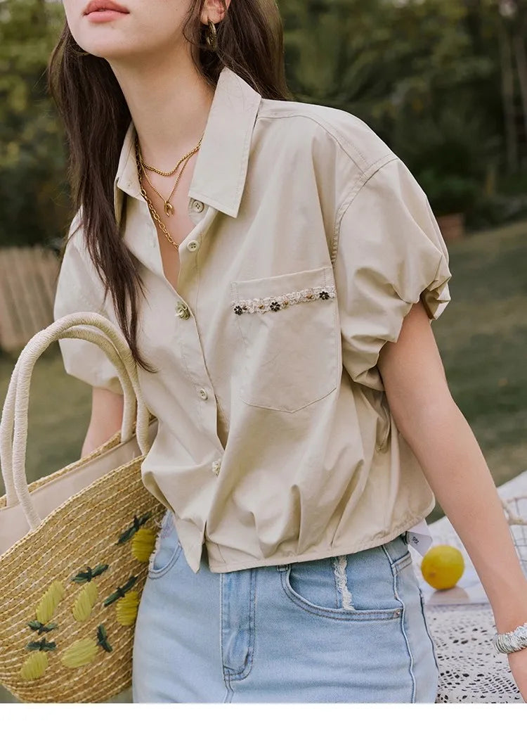 MISHOW Casual Summer Blouses Women 2025 New Short Puff Sleeve Turn Down Collar Shirt Female Fashion Shell Ribbon Tops MXE33C0773