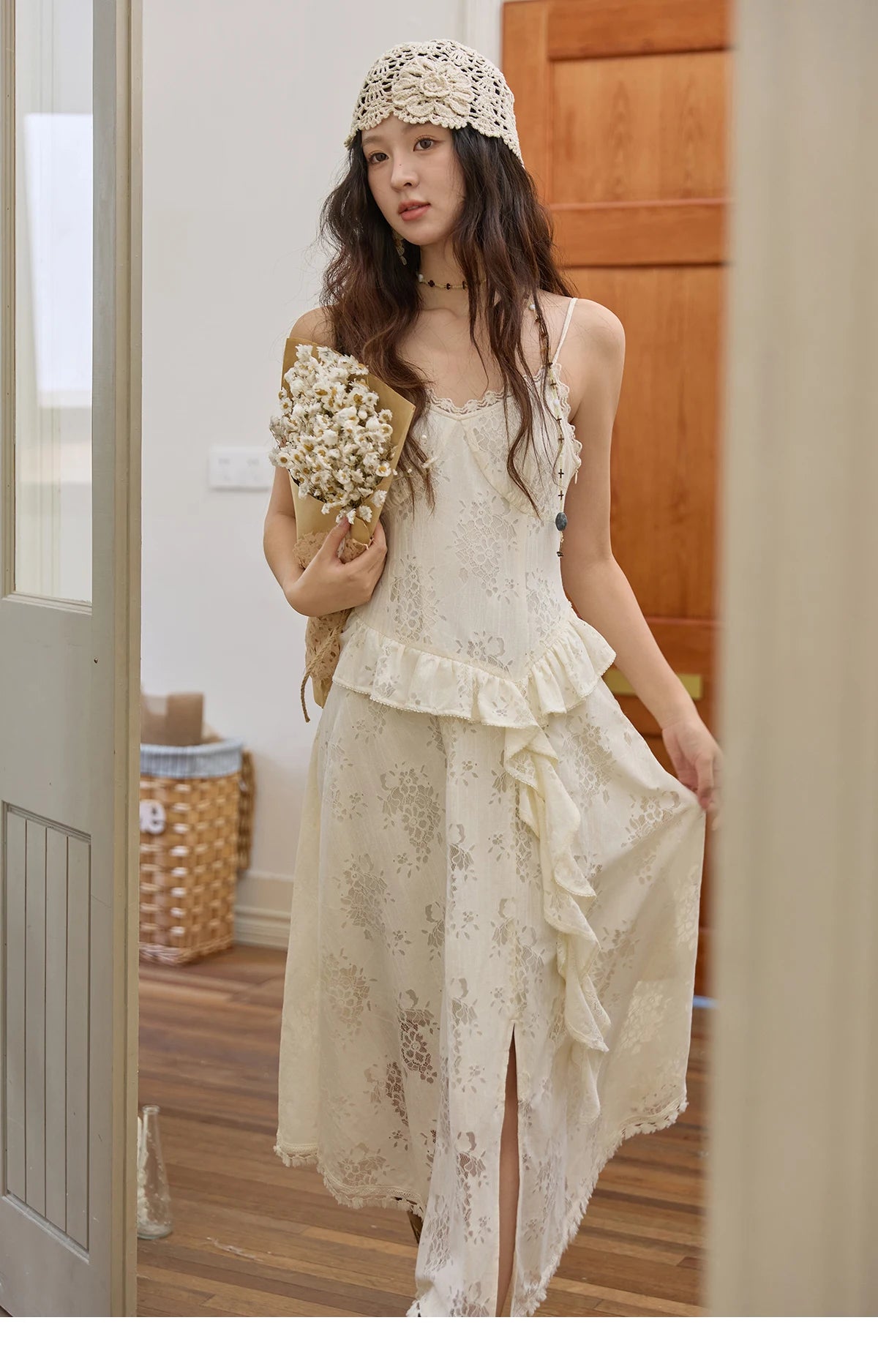 MISHOW Bohemian Apricot Lace Camisole Inner Dress Autumn Irregular Ruffle Tassel Hem Dresses Front Side Fork Dress MXE43L2449