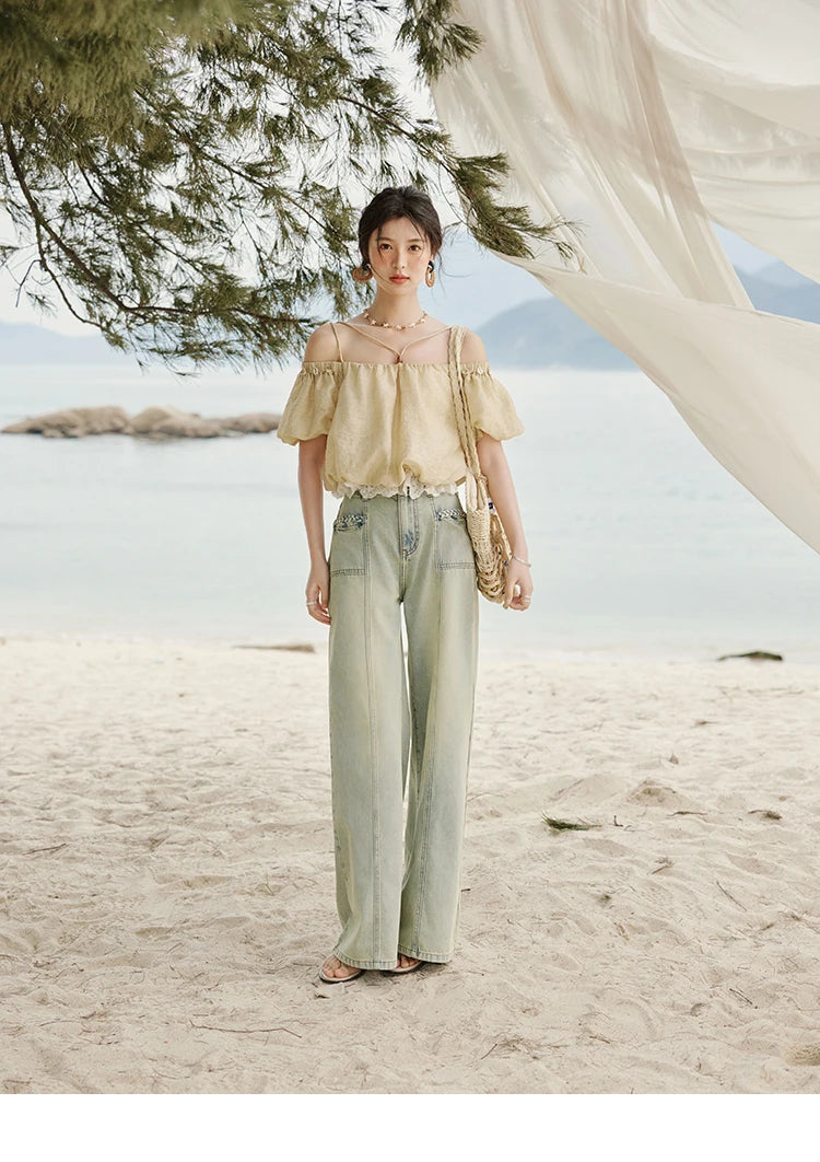 MISHOW French Summer Camisole Shirt Female 2025 New Solid Off-shoulder Short Sleeve Lace Tops Fashion Gentle Blouses MXE33X1755