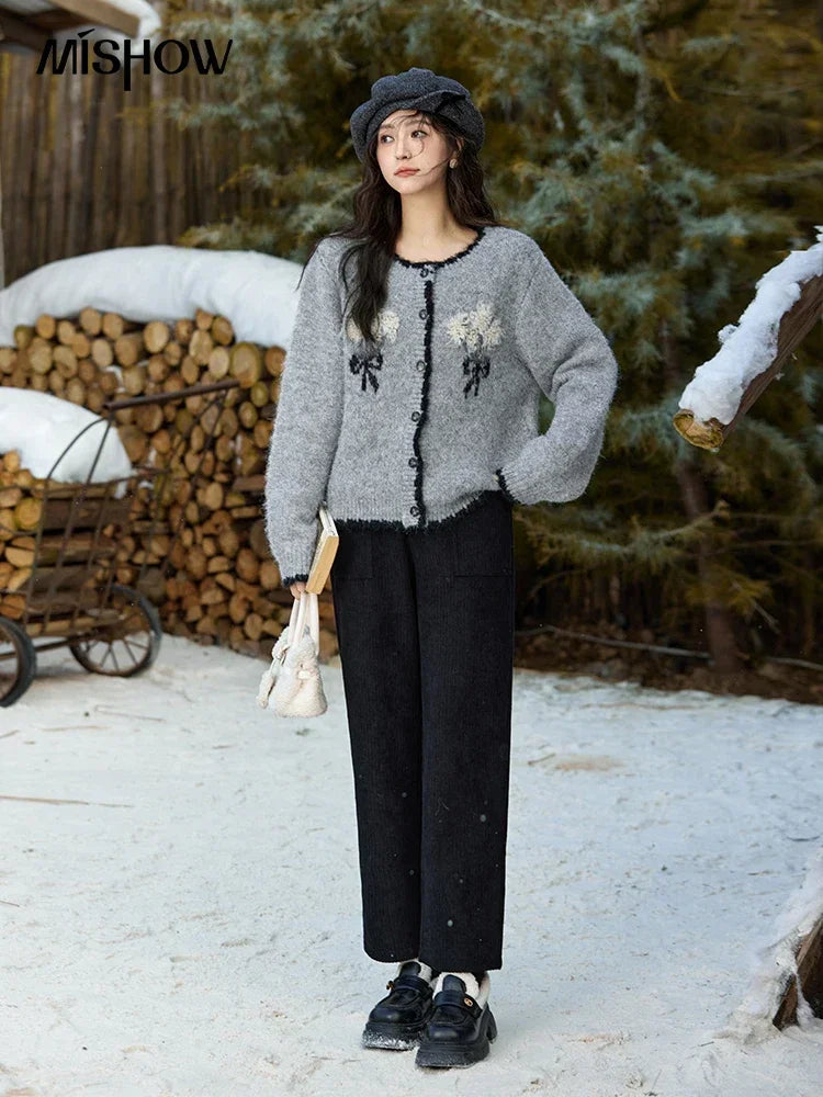 MISHOW Wool Blend Knitted Cardigan Pure Bouquet Embroidery Sweater Women Color Clash Design Soft Warm Regular Fit Top MXD54Z0951