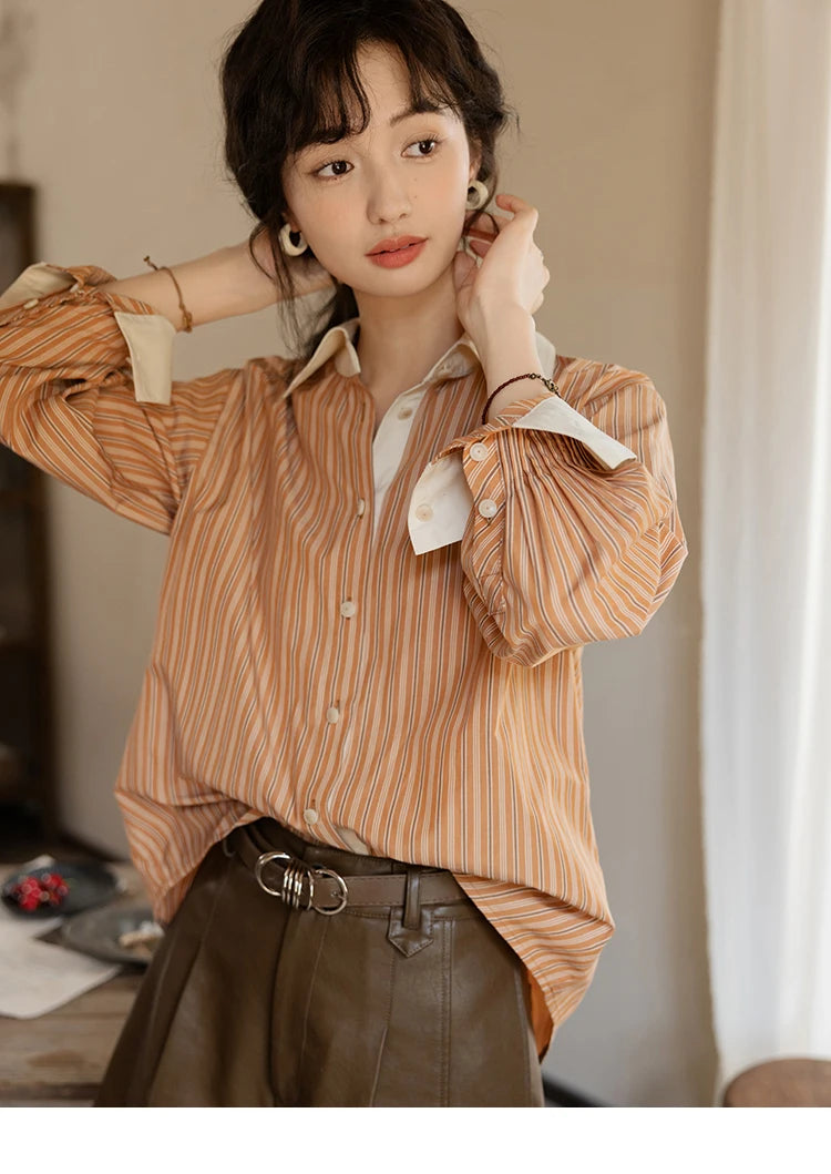 MISHOW Loose Striped Shirt for Women Autumn 2025 Contrasting Lapel Top Single Breasted Patchwork Shirts Office Lady MXD41C0286