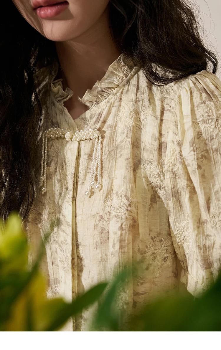 MISHOW Chinese Chiffon Embroidered Shirt A-line Skirt Separately Summer Puff Sleeve Top Rear Elastic Waist Skirt MXD24X1405