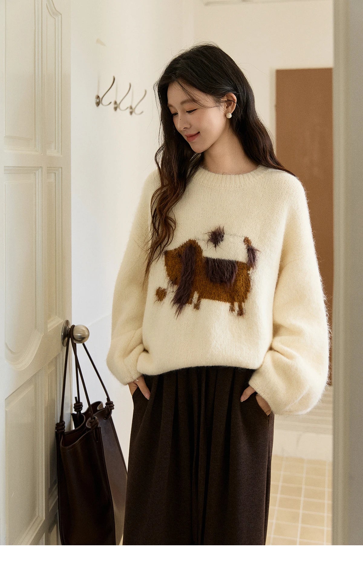 MISHOW Women's Solid Knitted Sweater 2025 Autumn Winter Dog Pattern Jacquard Crew Neck Fluffy Warm Loose Pullover Top MXE94Z2988