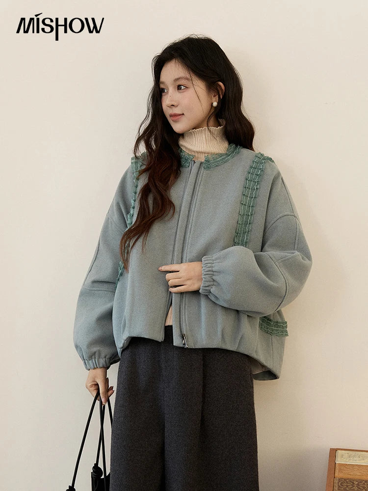 MISHOW Women's Light Blue Down Coats Winter Lace Decor Zipper Puff Sleeve Coats O Neck Loose Casual Warm Outerwear MXE94W1048