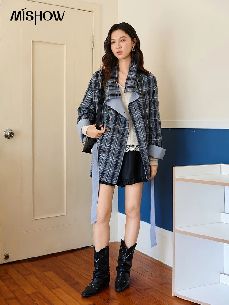 MISHOW Two Sided Outerwear Trench for Women Autumn Winter 2025 Blue Plaid Patchwork Diagonal Placket Belt Trench MXE48W0871