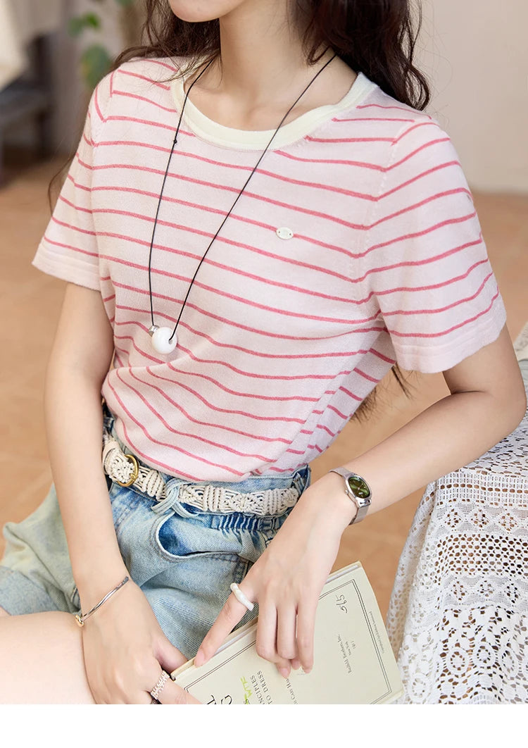 MISHOW Striped Knitted T-shirt for Women Summer 2025 Color Contrasting Round Neck Tees Wool Blended Slim Casual Top MXE35Z1270