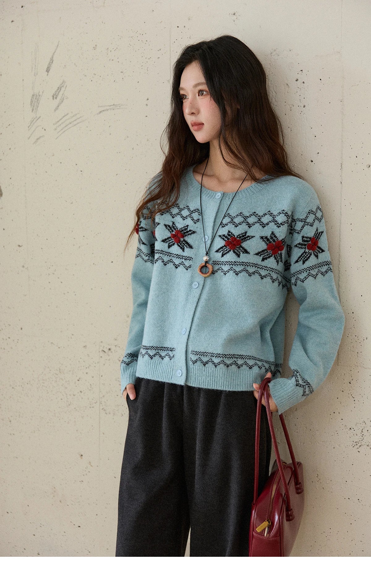 MISHOW Women's Geometric Jacquard Fair Isle Sweater 2025 Winter Retro Blue O-Neck Single-breasted Commuter Cardigan MXE86Z2734