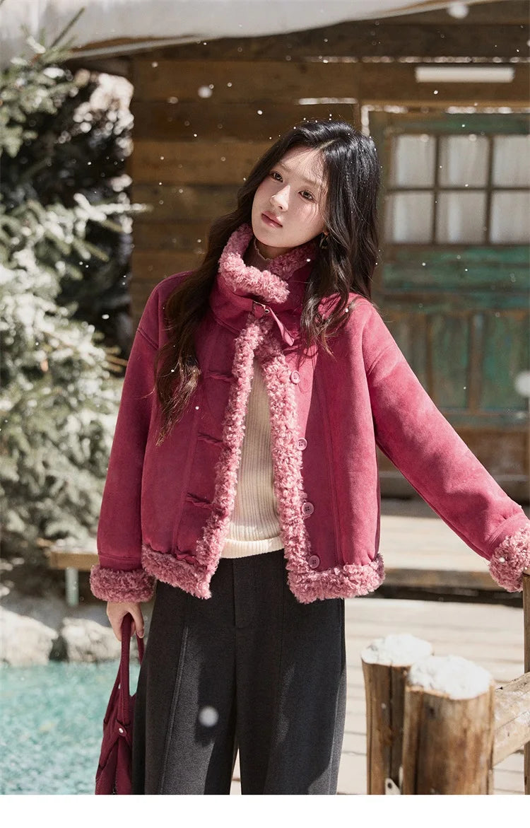 MISHOW Women's Dragon Fruit Red Suede Patchwork Coat 2025 Winter Color Block Stand Collar Thickened Short Outerwear MXE87W0942