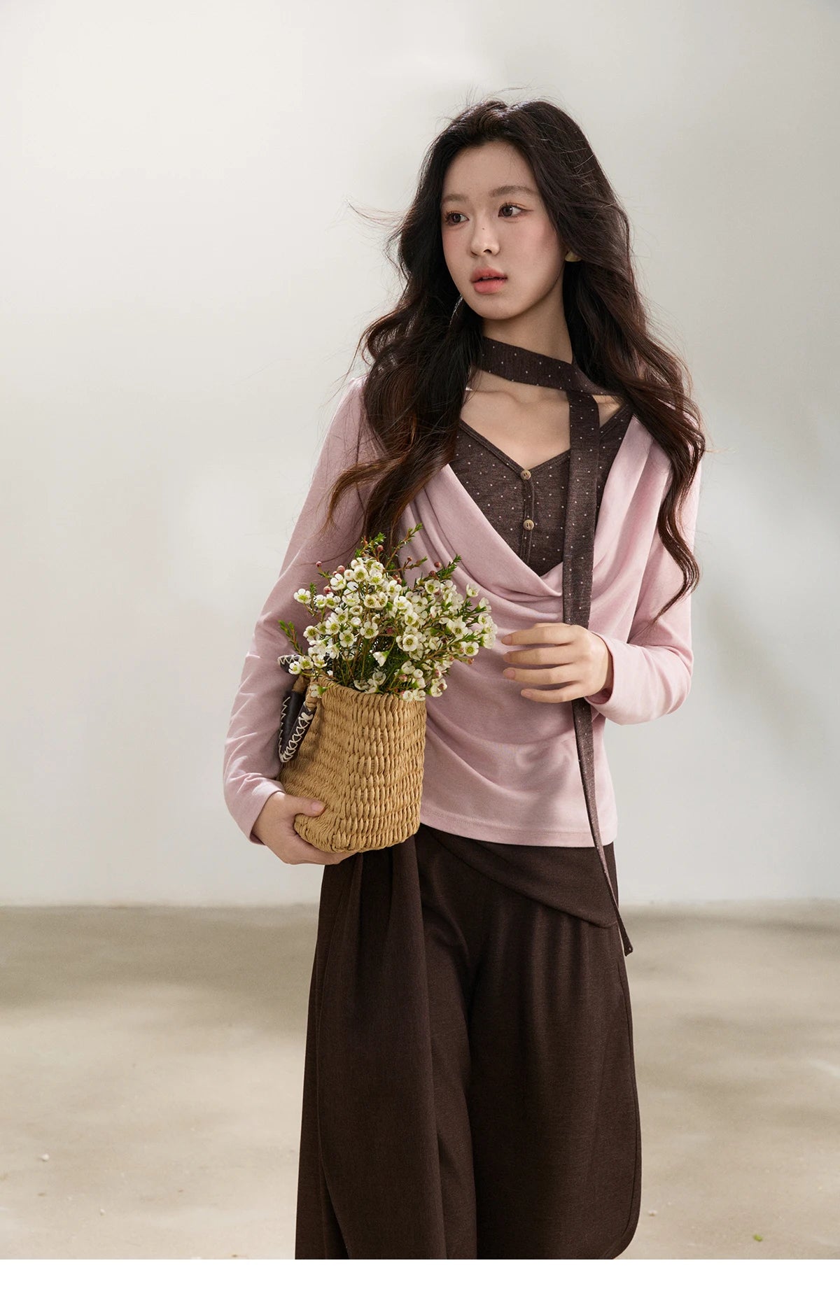 MISHOW Women's Wool Blend Fake Two Piece Draped Neck Knit Top 2026 Spring Wave Point Ribbon Contrast Color Casual Top MXF13Z2977