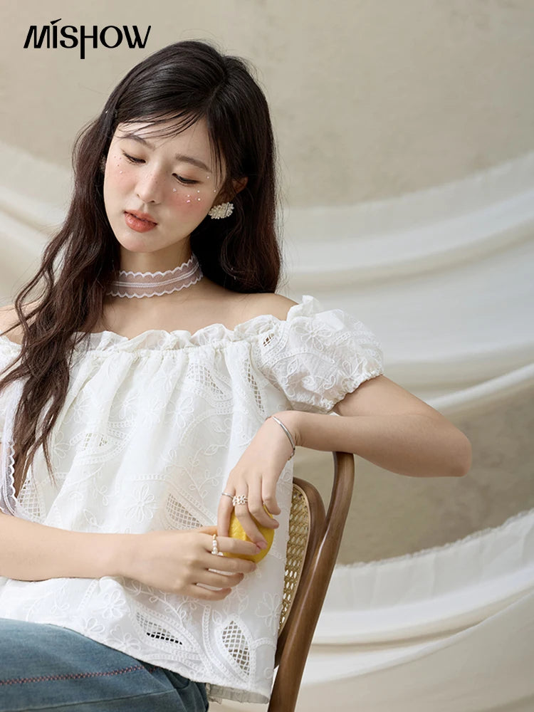 MISHOW French Summer Shirts Women New 2025 Slash Neck Short Sleeve Solid Lace Blouses Female Fashion Slim Tops Lady MXE35X1775