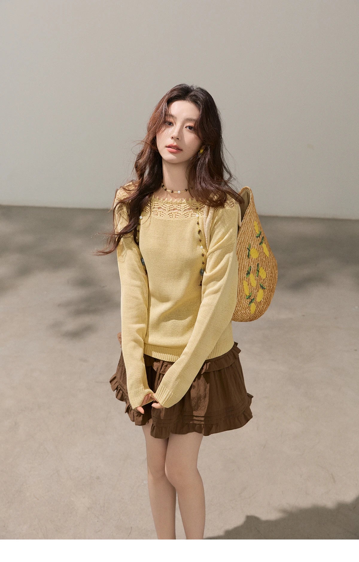 MISHOW Women's Hollowed Out Lace Trim Knit Tops 2026 Spring Boat Neck Long Sleeve Knitwear Casual Soft Yellow Sweater MXF15Z3050