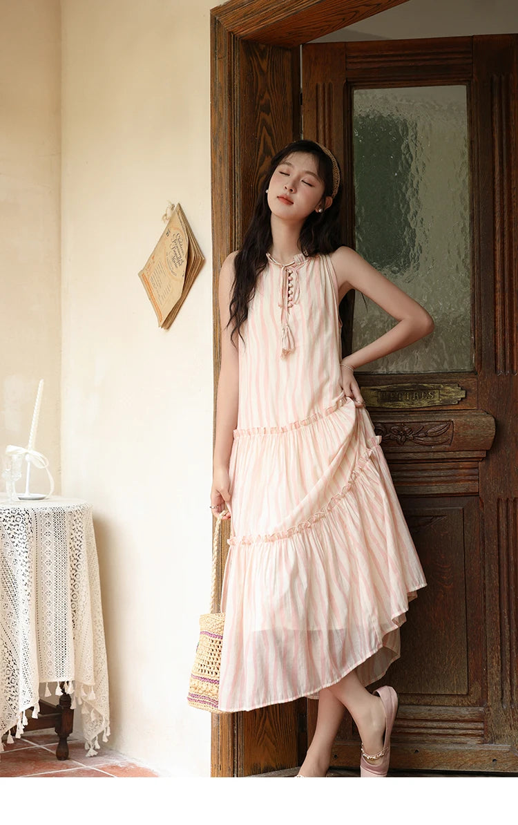 MISHOW Hanging Neck Striped Dress for Women 2024 Summer French Tea Break Camisole Dress Sweet Vacation Long Dresses MXD30L1951