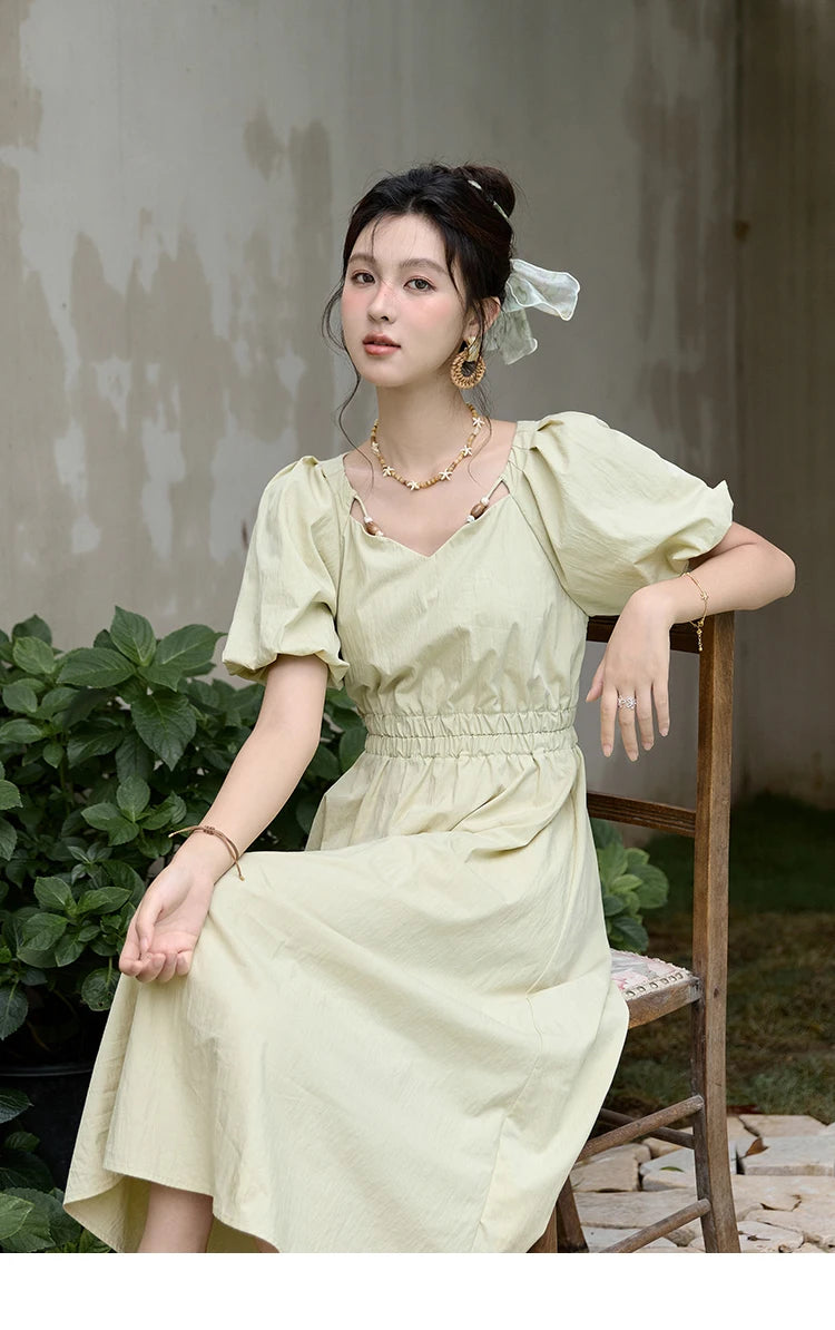 MISHOW French V-neck Bubble Sleeve Dress for Women Summer 2025 Elegant Waist Dress Back Green Waist Exposed Dresses MXD22L1825