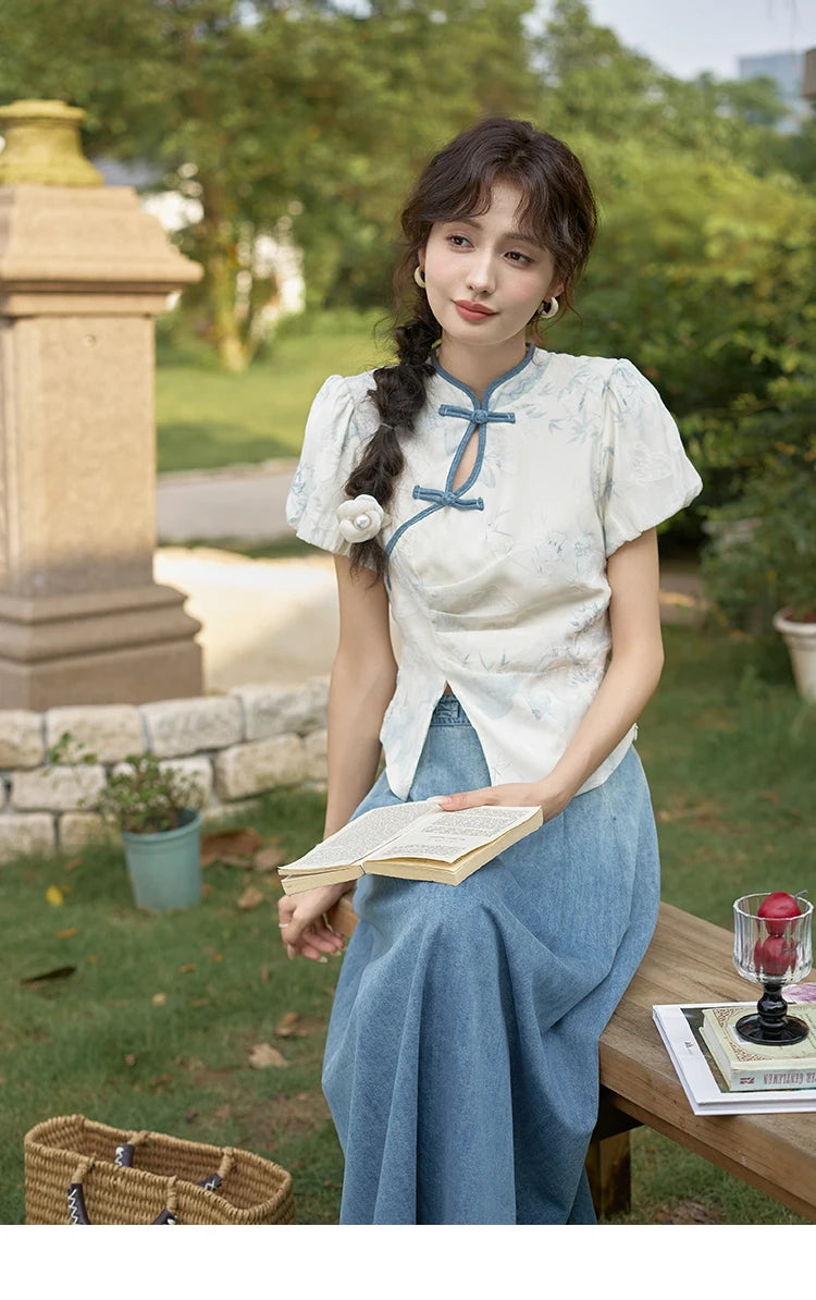 MISHOW Chinese Embroidered T-shirt High Waist Skirt Separately Summer 2024 Short Sleeve Split Hem Tops Denim Skirts MXD28X1604