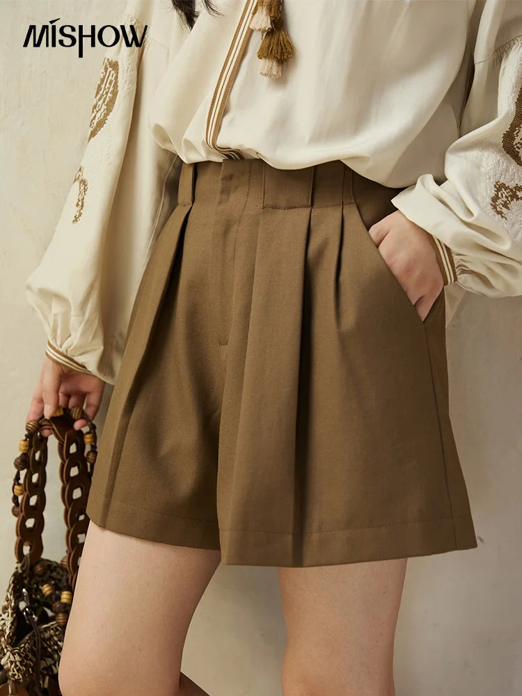 MISHOW Brown High Waist Shorts 2025 Three-dimensional I-shaped Pleated Hook Buckle Shorts Women Versatile Short Pants MXE41K1022