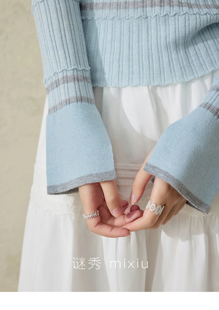 MISHOW Striped Knitted Tops for Women Spring 2025 Contrast Color Striped Slim V-neck Trumpet Sleeves Commuter Outfit MXE13Z1141