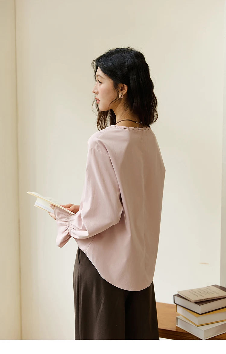 MISHOW Women's Elegant Blouse 2025 Autumn French Style Hollow Out V Neck Pink Blouse Loose Commute Long Sleeves Top MXE48X2502