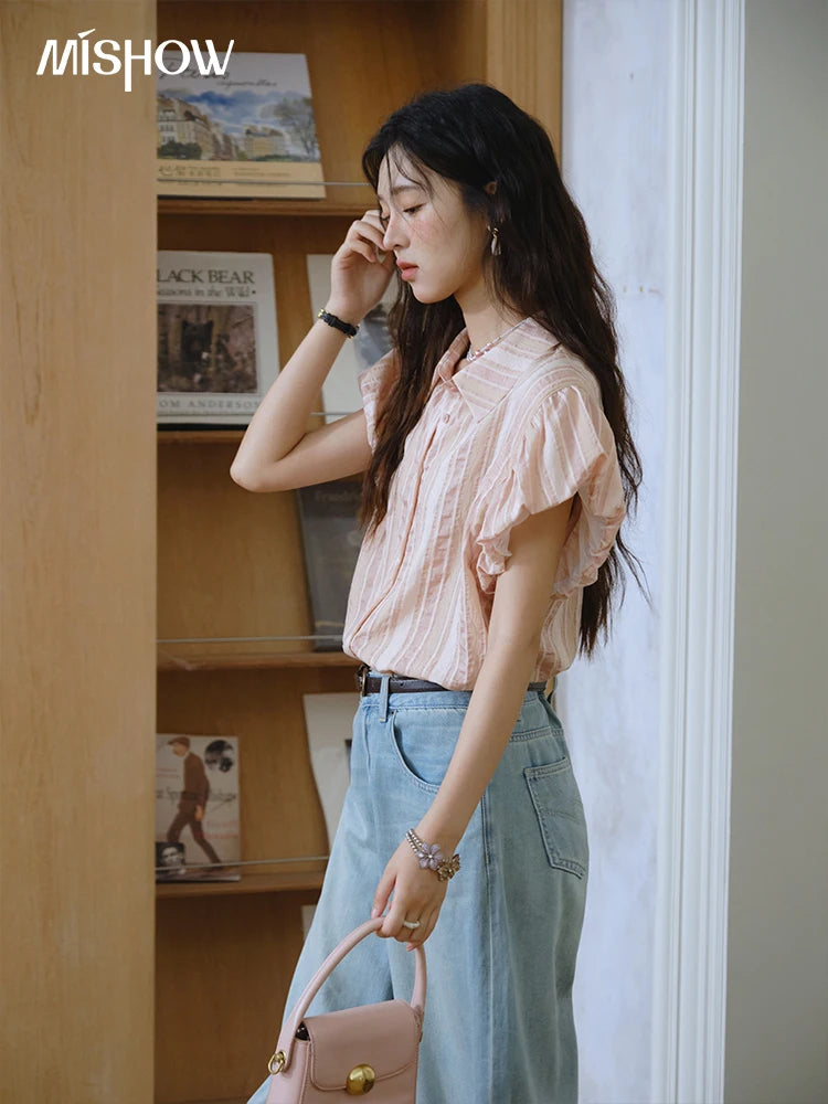 MISHOW Pink Turn-down Collar Flower Bud Sleeve Shirt for Women 2025 Summer New Women's Clothing Button Striped Shirt MXD24C0204