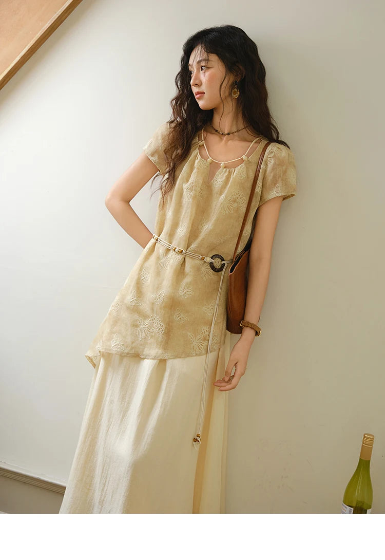 MISHOW Fashion Butterfly Embroidery Dress 2025 Summer Splicing Beaded Collar Comes with Retro Belt Dresses MXE36L2250