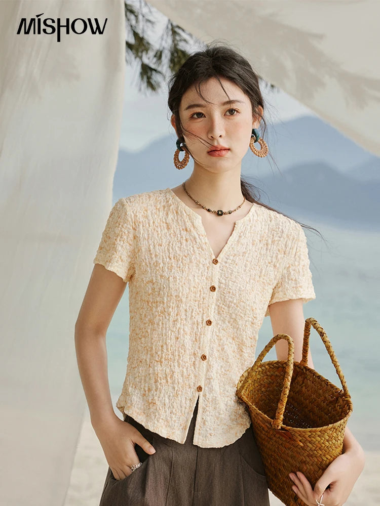 MISHOW Print Casual Summer T-shirts Women 2025 New Short Sleeve V-neck Thin Knitted Shirt Female Fashion Breathable MXE31Z1234