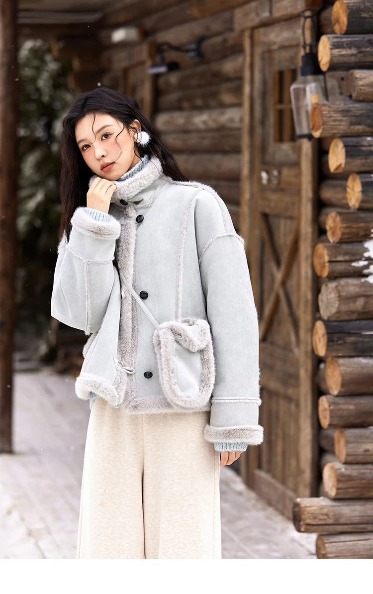 MISHOW Leather Fur Coat Fur Collar with Bag Women Winter Clothes Suede Plush Jacket Pocket Soft Thickened Warm Tops MXD57W0737