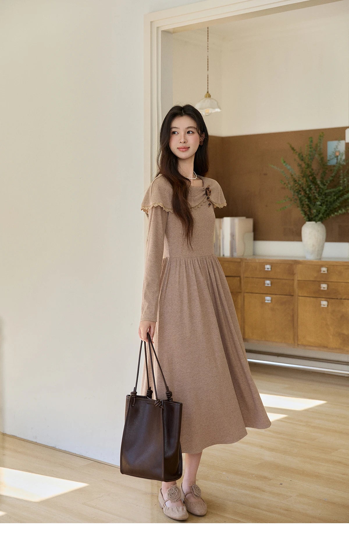 MISHOW Women's Khaki Knitted Dress 2026 Spring Large Collar Decor Long Sleeve Dresses Pleated Casual Elegant Dress MXF11L2553
