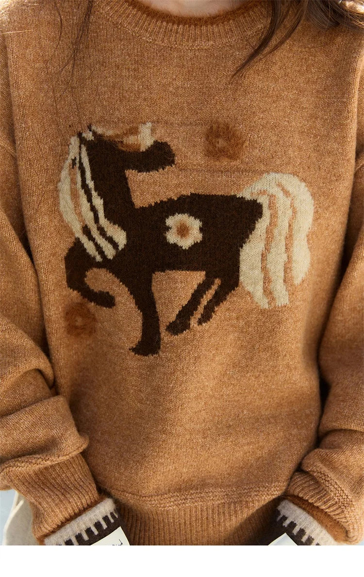 MISHOW Women's Horse Pattern Knit Sweater Winter Crew Neck Sweaters Collar Cuffs Splice Contrasting Faux Mink Fur Top MXE94Z2863